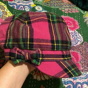 Pink & green plaid newsboy cap stiff brim elastic in the back for a perfect fit